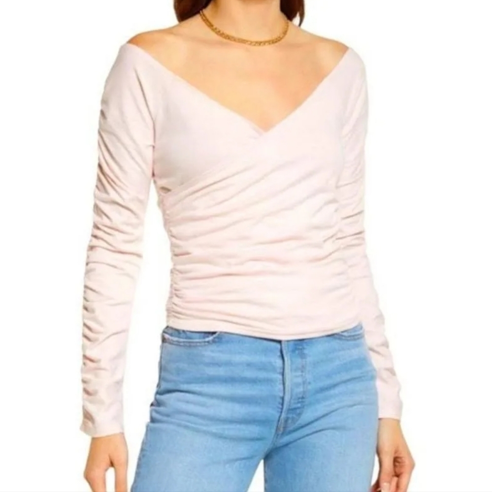 Open Edit Top Women's Large Pink Long Sleeve Ruched Off Shoulder Blouse